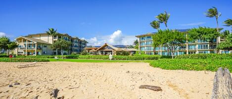 A beachfront hotel with multiple buildings, a sandy beach, and palm trees.