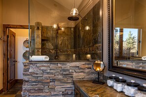 Combined shower/tub, hair dryer, towels