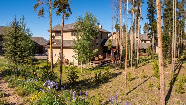Zona residencial con casas, árboles y cielo despejado.