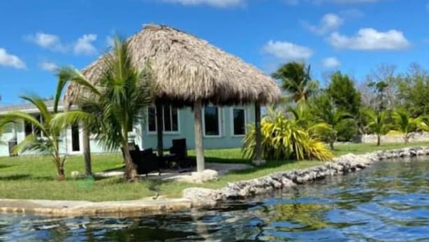 Une maison à toit de chaume avec une piscine, entourée de palmiers et de verdure.