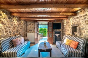 Una televisión, una chimenea, un reproductor de DVD