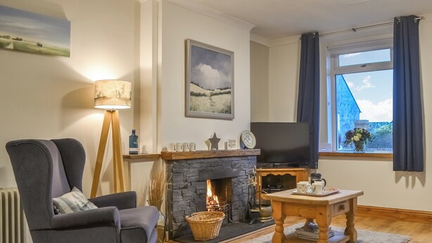 Een gezellige woonkamer met een open haard, een comfortabele fauteuil, een televisie en uitzicht door een raam.
