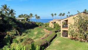 Une propriété située sur la côte, dotée d’une pelouse bien entretenue, de palmiers et d’un bâtiment avec un balcon offrant une vue sur l’océan.