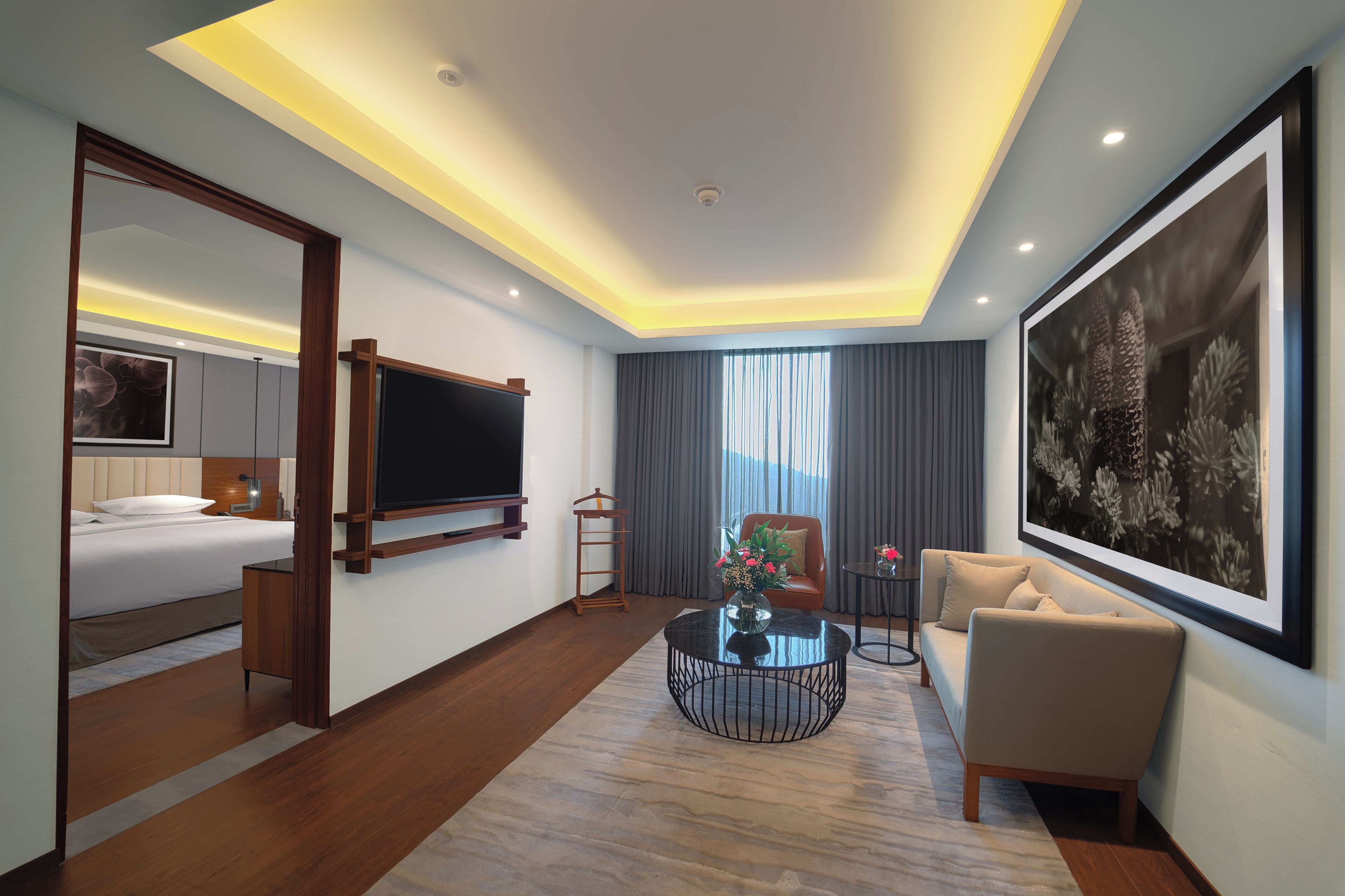 Een moderne hotelkamer met een bed, een televisie, een bank, een salontafel en een groot, ingelijst kunstwerk aan de muur.