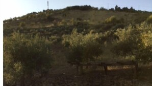 Una piscina de piedra rodeada por un patio de piedra, con vistas a un paisaje montañoso y una pérgola de madera.