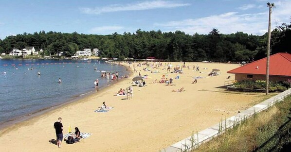Une plage où des gens se prélassent au soleil et se baignent, un bâtiment avec un toit rouge et, au fond, une zone boisée.