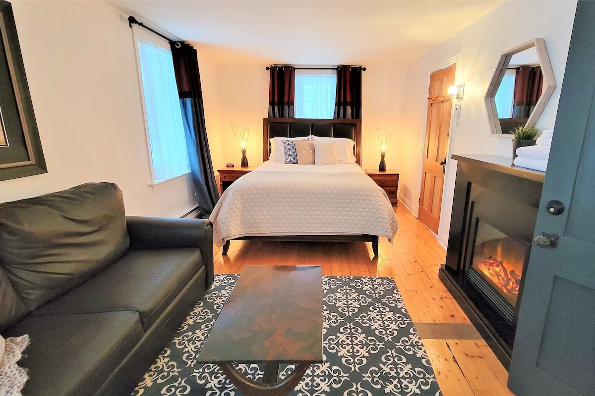 Une chambre à coucher comprenant un lit, un canapé, une cheminée et une table de chevet avec une lampe.