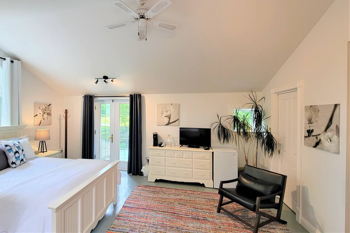 Une chambre à coucher avec un lit, un bureau, une chaise, une télévision et une plante.