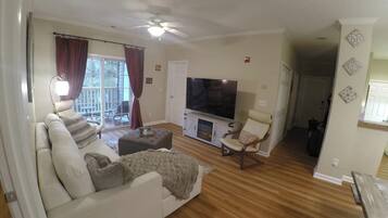 Smart TV, fireplace, books, streaming services