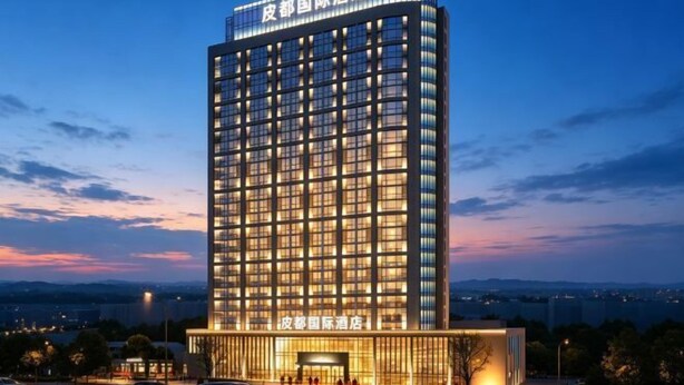 A tall hotel building with a modern design, featuring a prominent entrance and multiple floors. - Pidu International Hotel (Xinji)