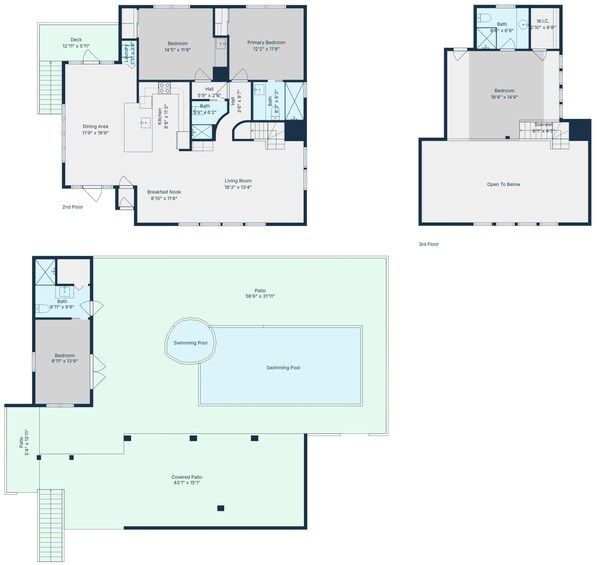 A hotel layout with a dining area, kitchen, multiple bedrooms, a balcony, and a swimming pool. - Six houses from stunning sandy Captiva Beaches ! (Captiva)