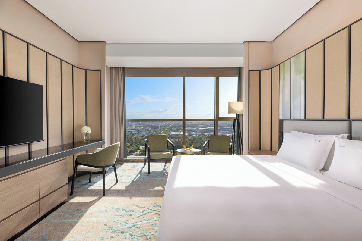 A hotel room with a large bed, a TV, a desk, two chairs, and a view of the city.