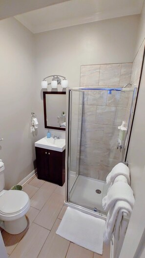 Ensemble douche/baignoire, sèche-cheveux, serviettes fournies, savon