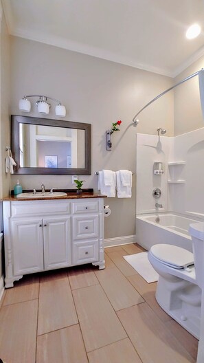 Combined shower/tub, hair dryer, towels, soap