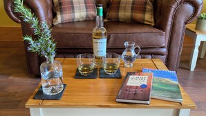 A brown leather sofa with plaid cushions, a wooden coffee table with a bottle of Daftmill Scotch whisky, two glasses, a pitcher, a book titled 'The Malt Whisky File', and a small potted plant.