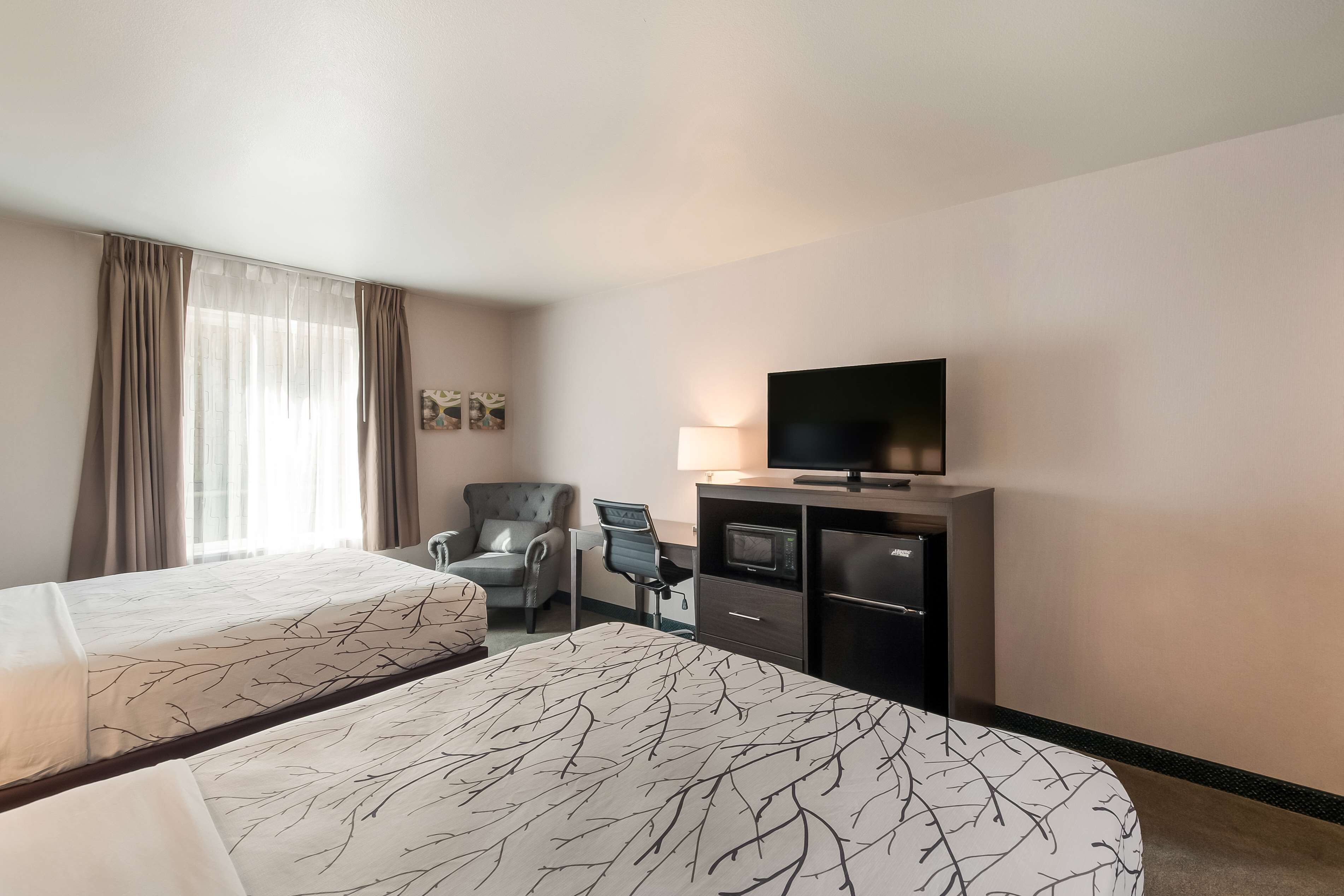 A hotel room with two beds, a TV, a desk, and a chair.
