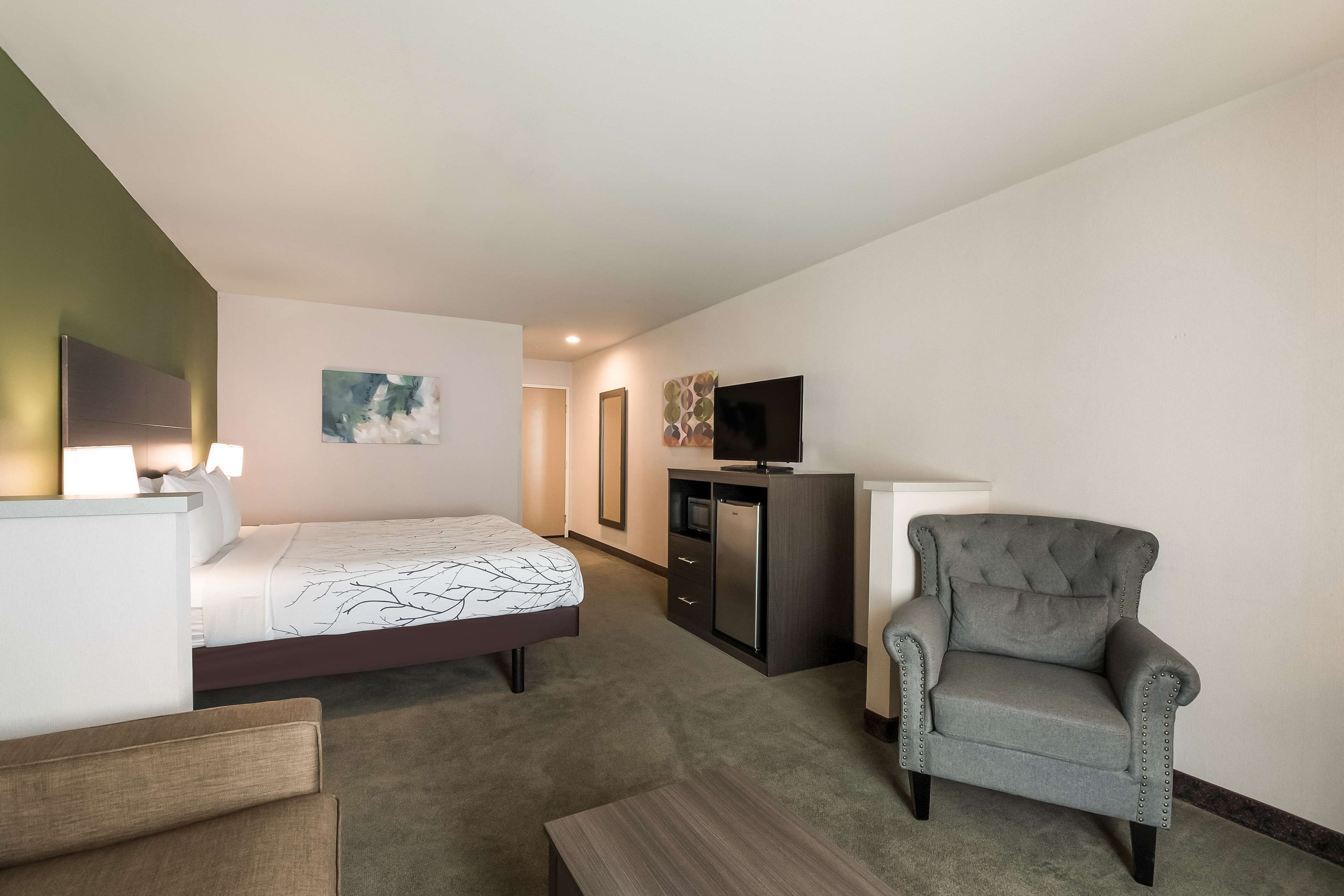 Una camera d'albergo con un letto, una scrivania, una sedia, una televisione e un armadio.