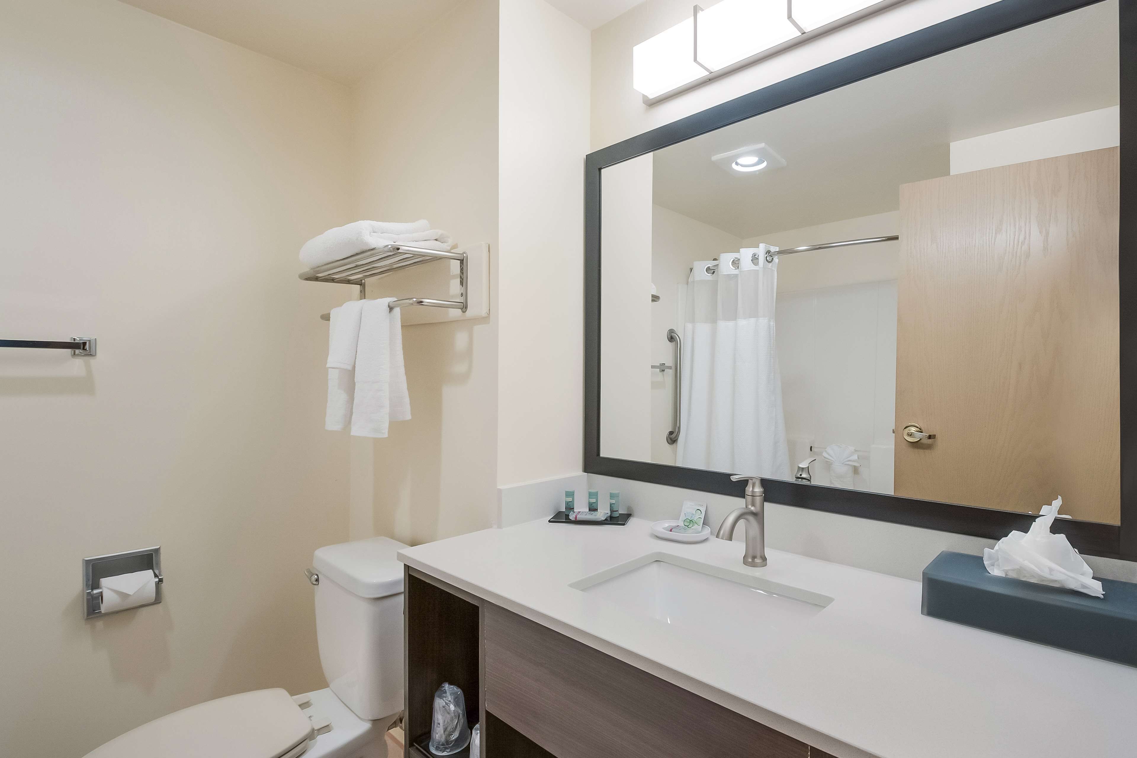 Un baño moderno con lavamanos blanco, un espejo grande, un perchero y un inodoro.