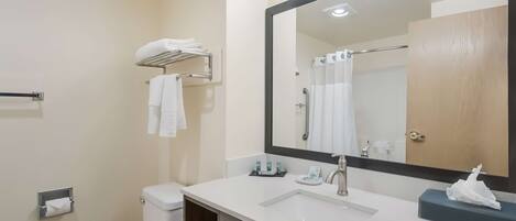 Un baño moderno con lavamanos blanco, un espejo grande, un perchero y un inodoro.