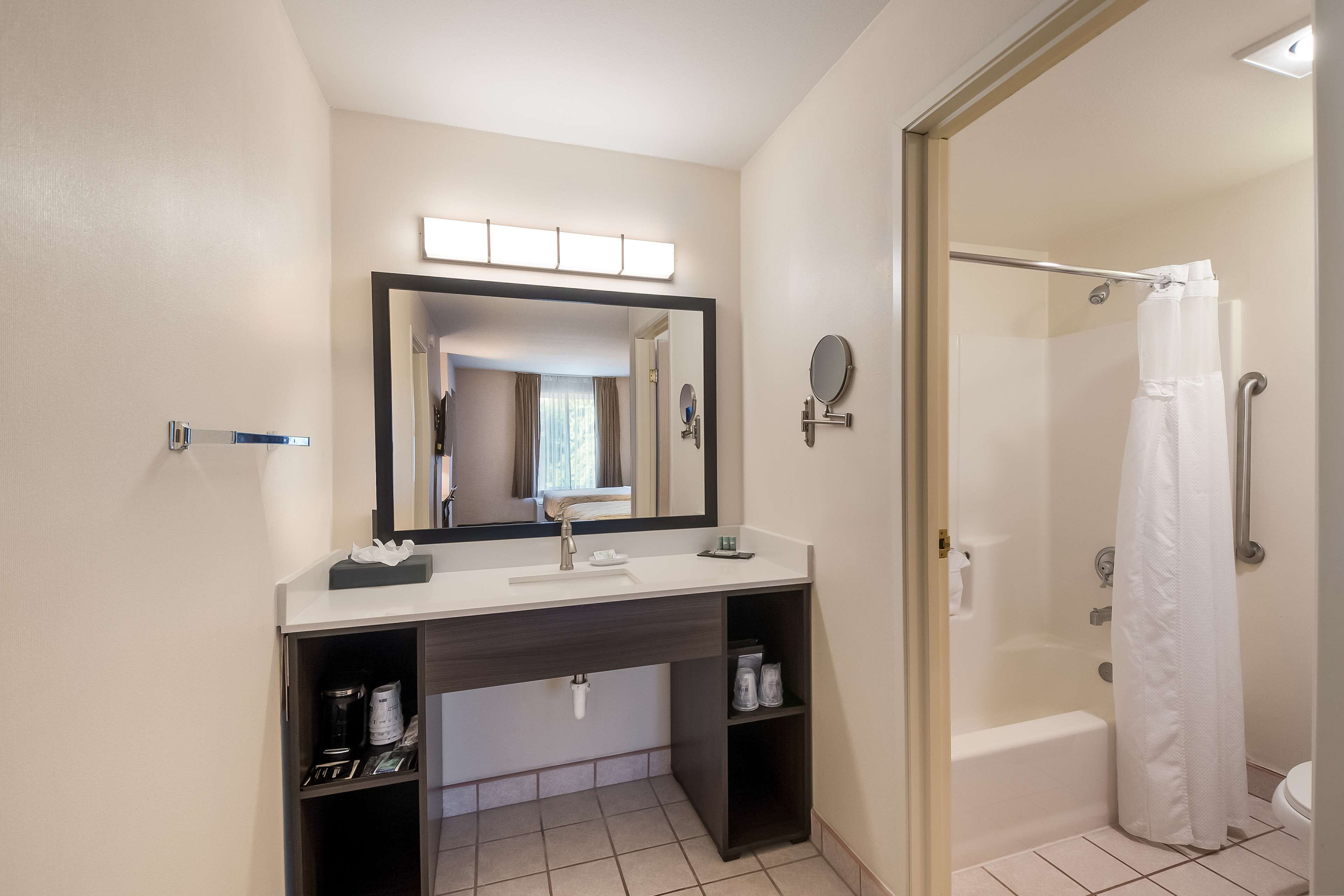 Une salle de bain moderne avec un grand miroir, un lavabo, une douche et des toilettes.