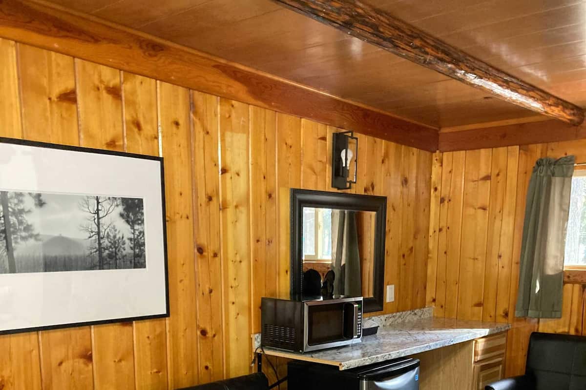 Um quarto com painéis de madeira, um sofá de couro preto, uma pequena cozinha com micro-ondas e geladeira, e um quadro na parede.