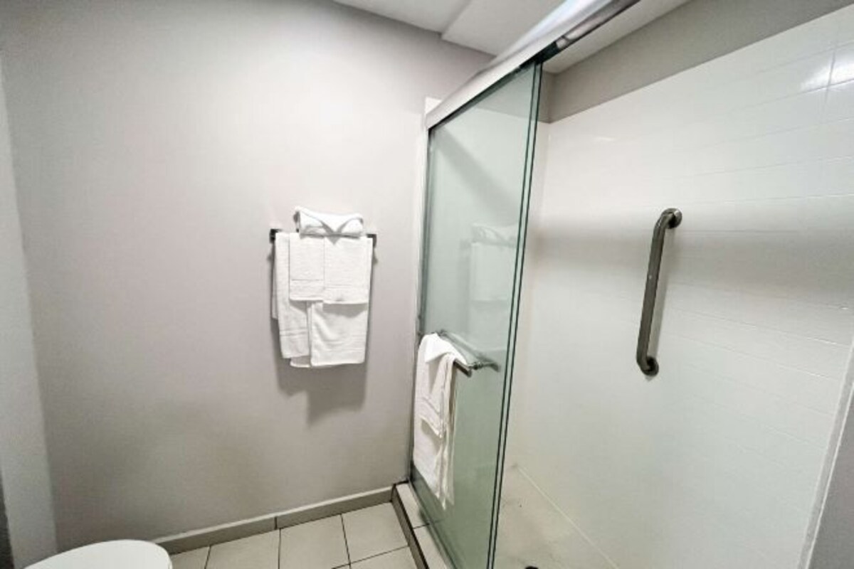 Un baño con cabina de ducha de vidrio, inodoro y toallero con varias toallas.