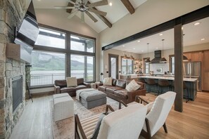 TV, fireplace, video-game console, table tennis