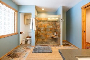 Combined shower/bathtub, hair dryer, towels