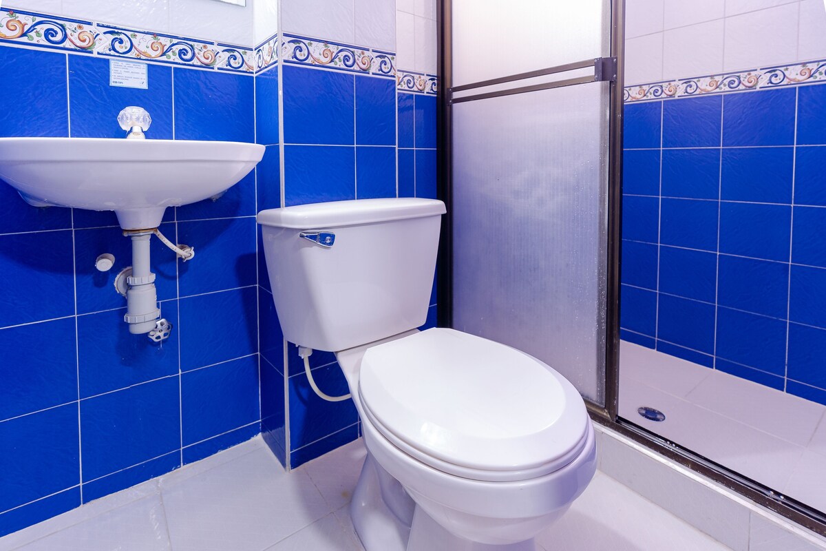A bathroom with a white toilet, a sink, and blue tiled walls.