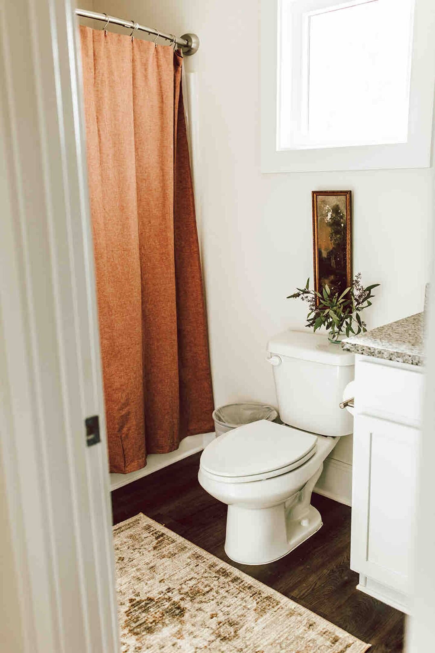 A bathroom with a white toilet, a brown shower curtain, a small plant on the toilet tank, and a white cabinet.