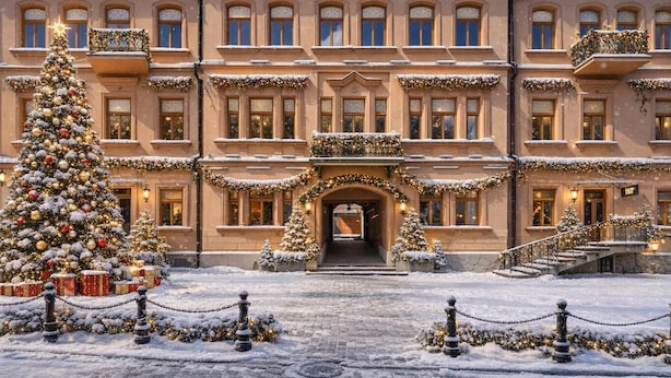 A multi-story building with a grand entrance, snow-covered surroundings, and festive decorations. - Zalkind Hotel Rooms&Kitchen (Minsk)