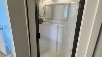 Combined shower/bathtub, hair dryer, towels, soap