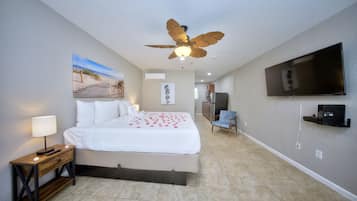 Habitación de hotel con una cama, ventilador de techo, televisor y un cuadro en la pared.