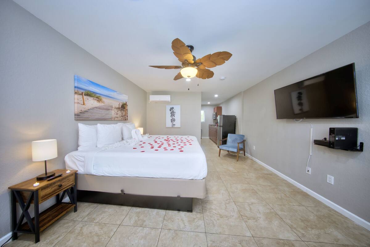 A bedroom with a bed, a nightstand, a ceiling fan, a TV, and a painting on the wall.