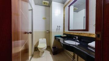 Un baño pequeño con inodoro, lavamanos y espejo.
