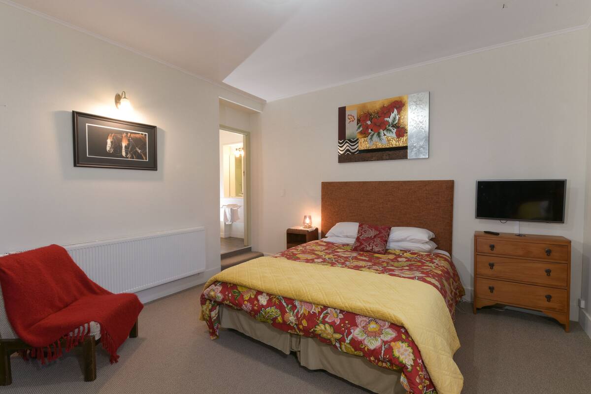 A bedroom with a bed, a chair, a dresser, a TV, and artwork on the walls.