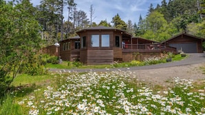 Une cabane dotée d’une terrasse, entourée d’une forêt et d’un champ de marguerites.