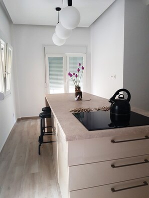 Fridge, oven, stovetop, coffee/tea maker