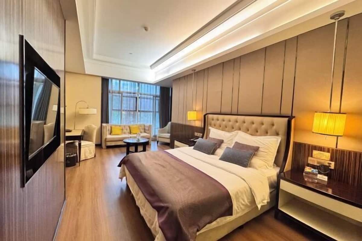 Un hotel moderno con una cama grande, televisión, sofá y escritorio.