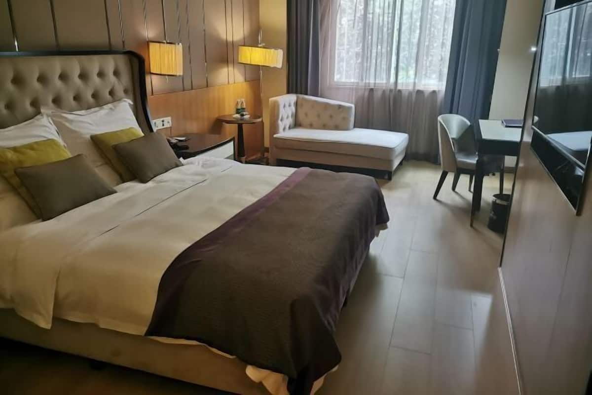 Una habitación de hotel con una cama grande, un sofá, un escritorio y una televisión.