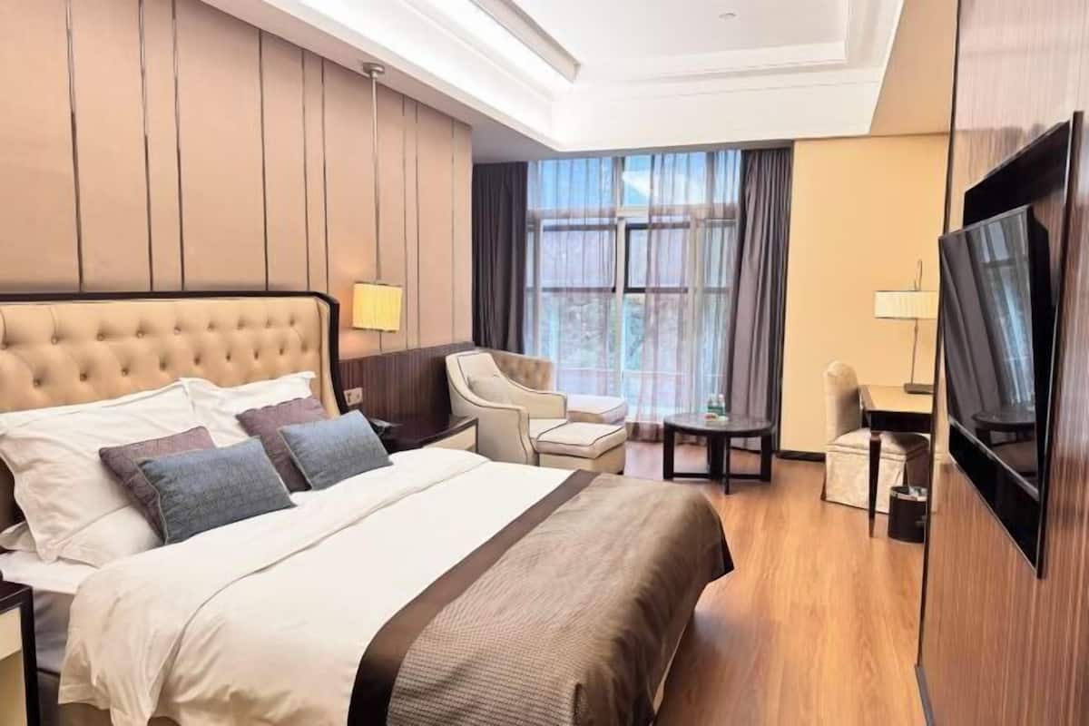 Habitación de hotel con una cama grande, un escritorio, una silla, un televisor y una ventana con cortinas.