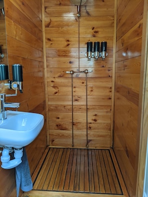Shower, towels, soap, toilet paper