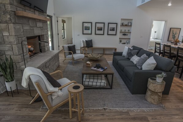 Smart TV, fireplace, video games, books