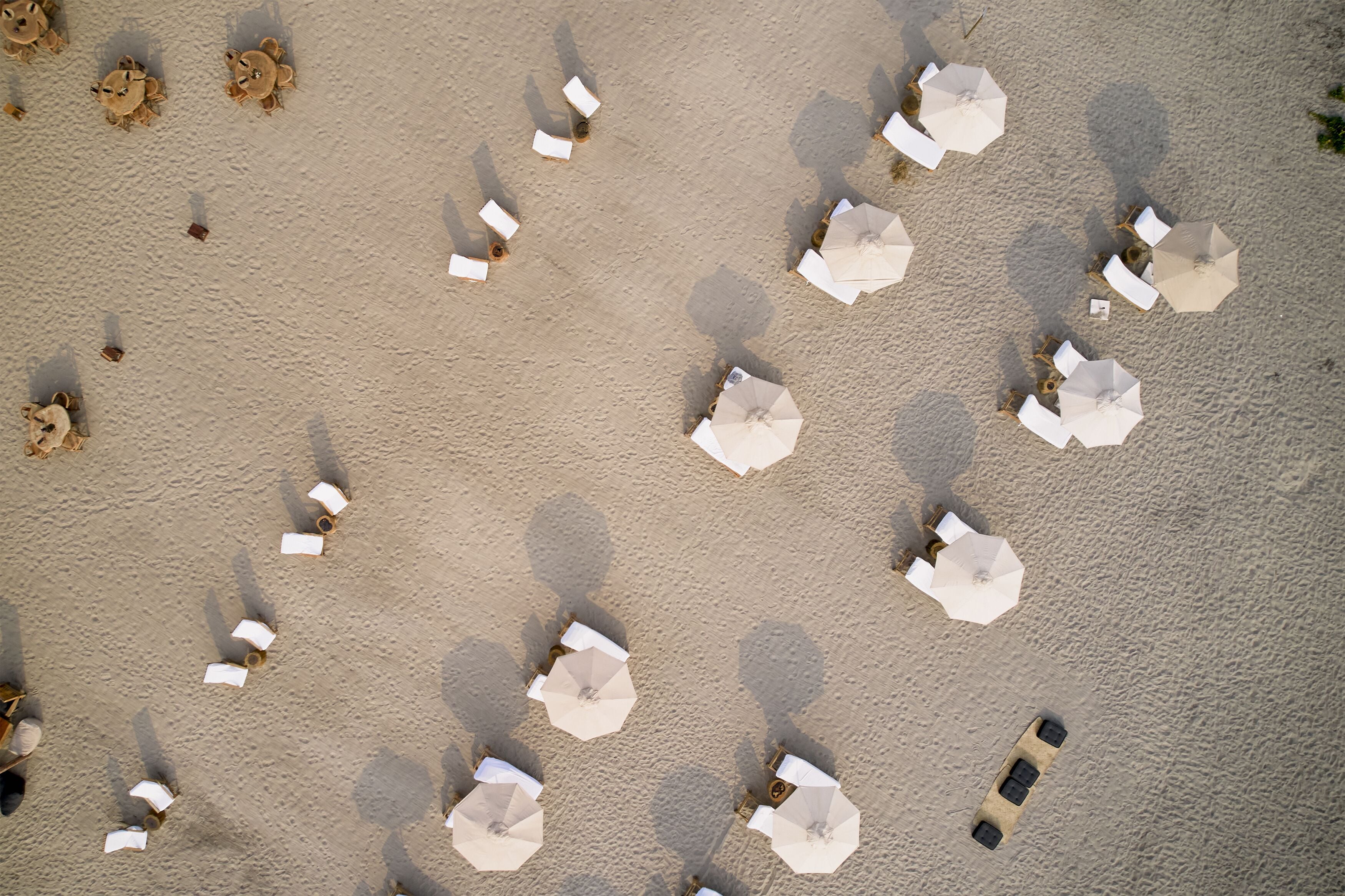 Vista aérea de una playa con múltiples sombrillas blancas y sillas de playa dispuestas en un patrón cuadriculado.