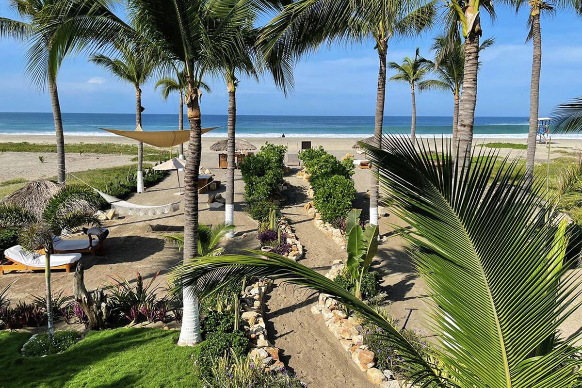 Un complexe hôtelier de bord de mer, avec des palmiers, des chaises longues et une vue dégagée sur l’océan.
