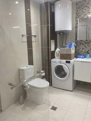 Shower, hair dryer, bidet, toilet paper