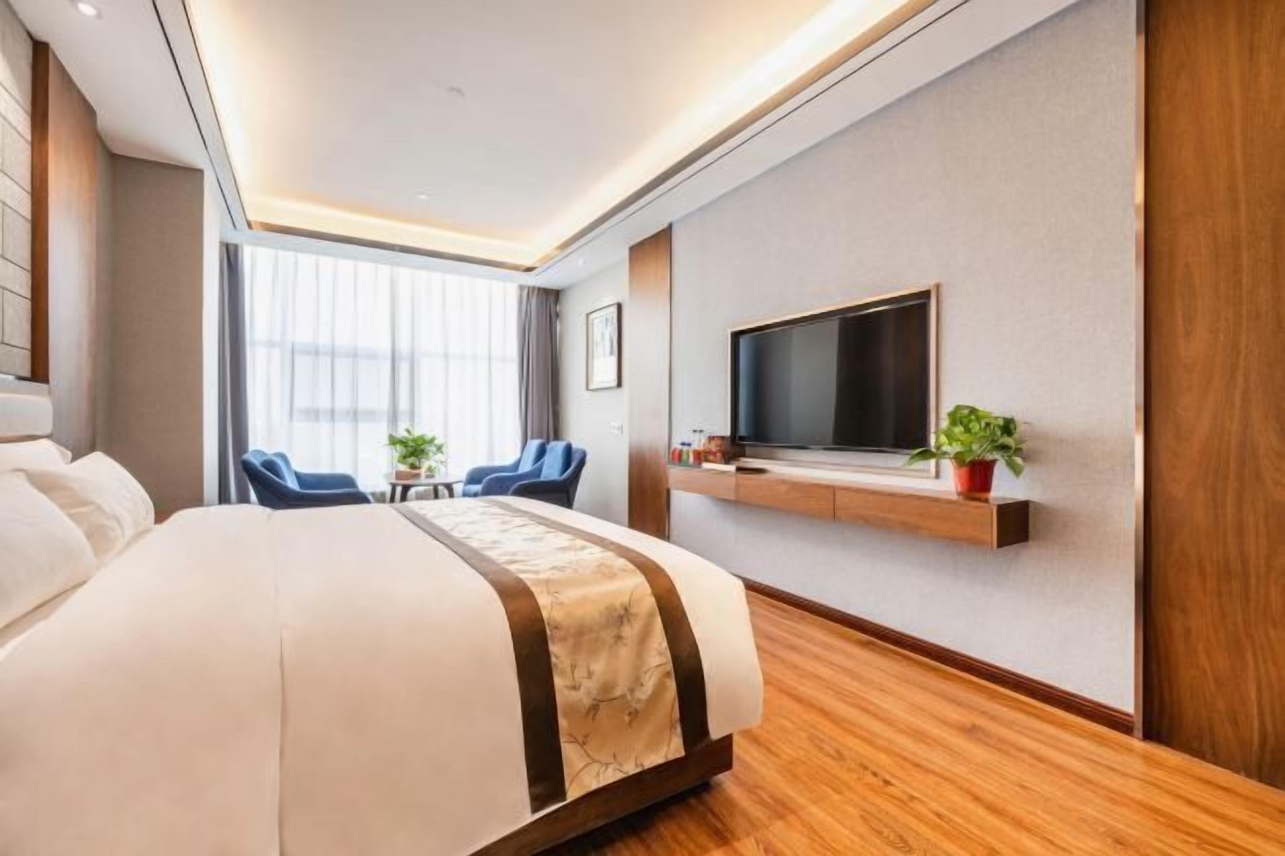 Habitación de hotel con una cama grande, un televisor montado en la pared, una mesita con una planta y una zona de estar con sillas.