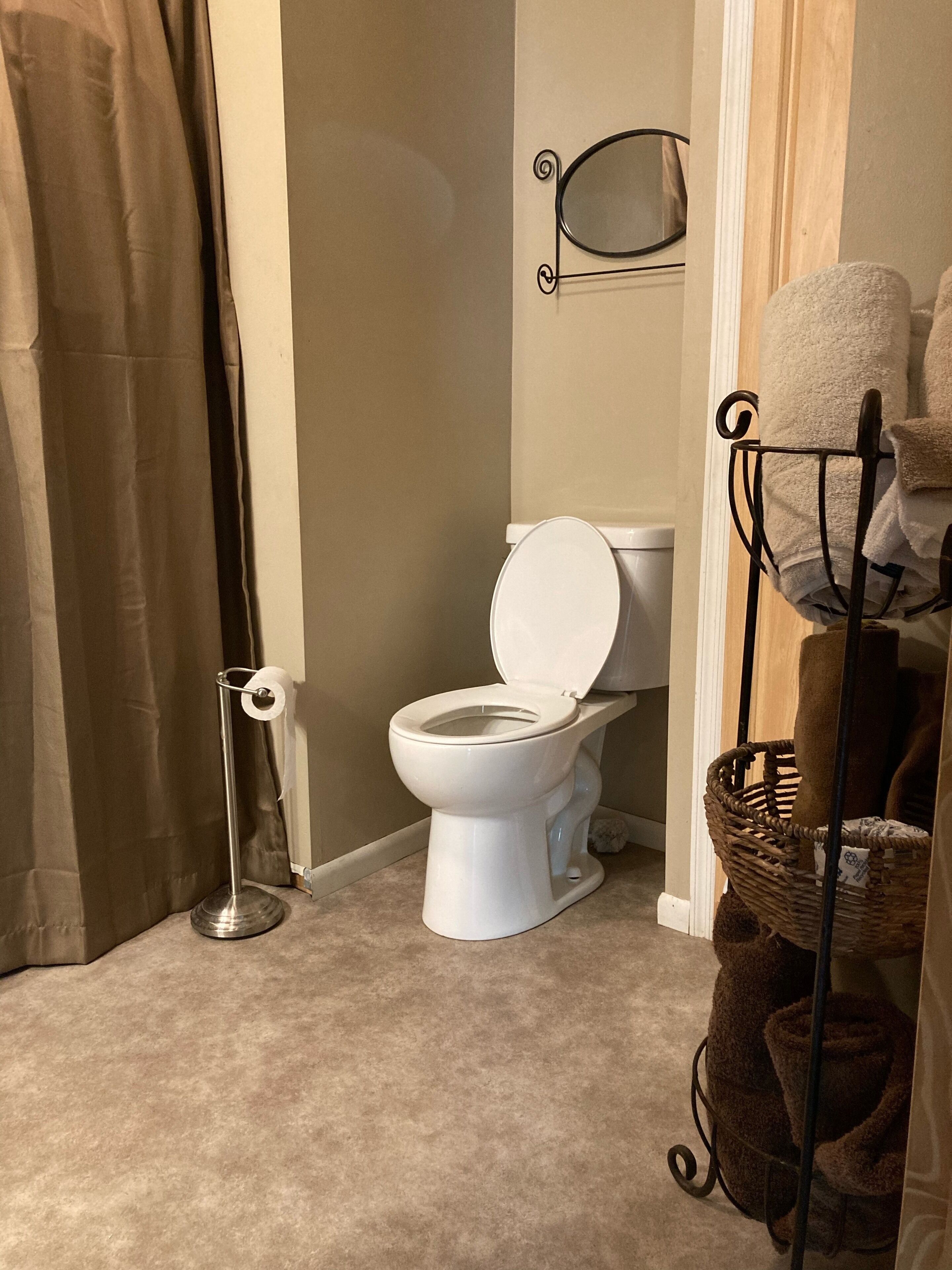 A bathroom with a toilet, a towel rack, and a shower curtain.