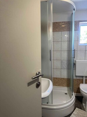 A bathroom with a glass-enclosed shower, a white sink, and a toilet.