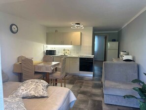 A compact living space with a kitchenette, a dining area, and a sofa.